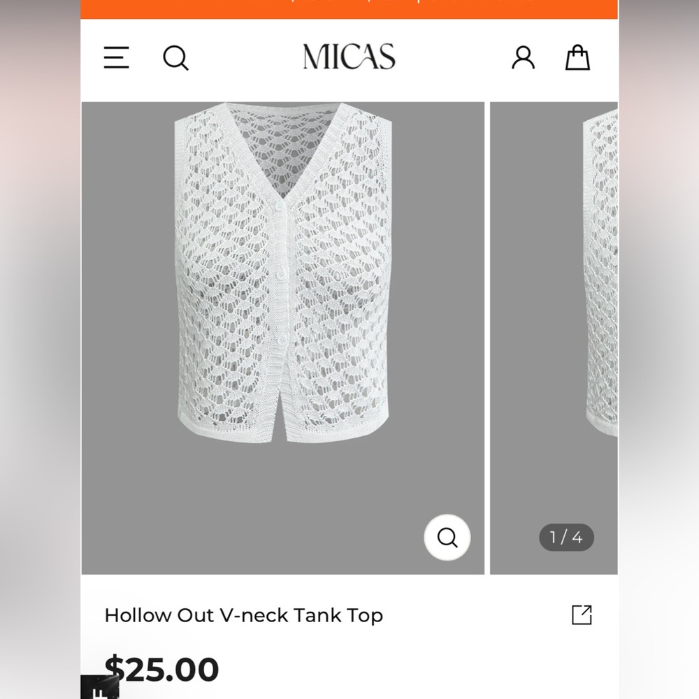 Hollow out v - neck tank top. White size medium